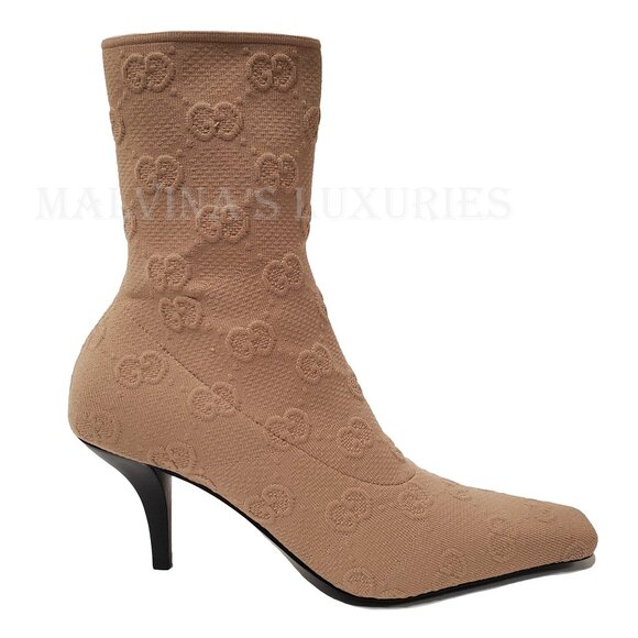GUCCI BOOTS TOM TECHNICAL GG LOGO NUDE JERSEY DOUBLE G LOGO HEEL sz 38 8 - Picture 5 of 15